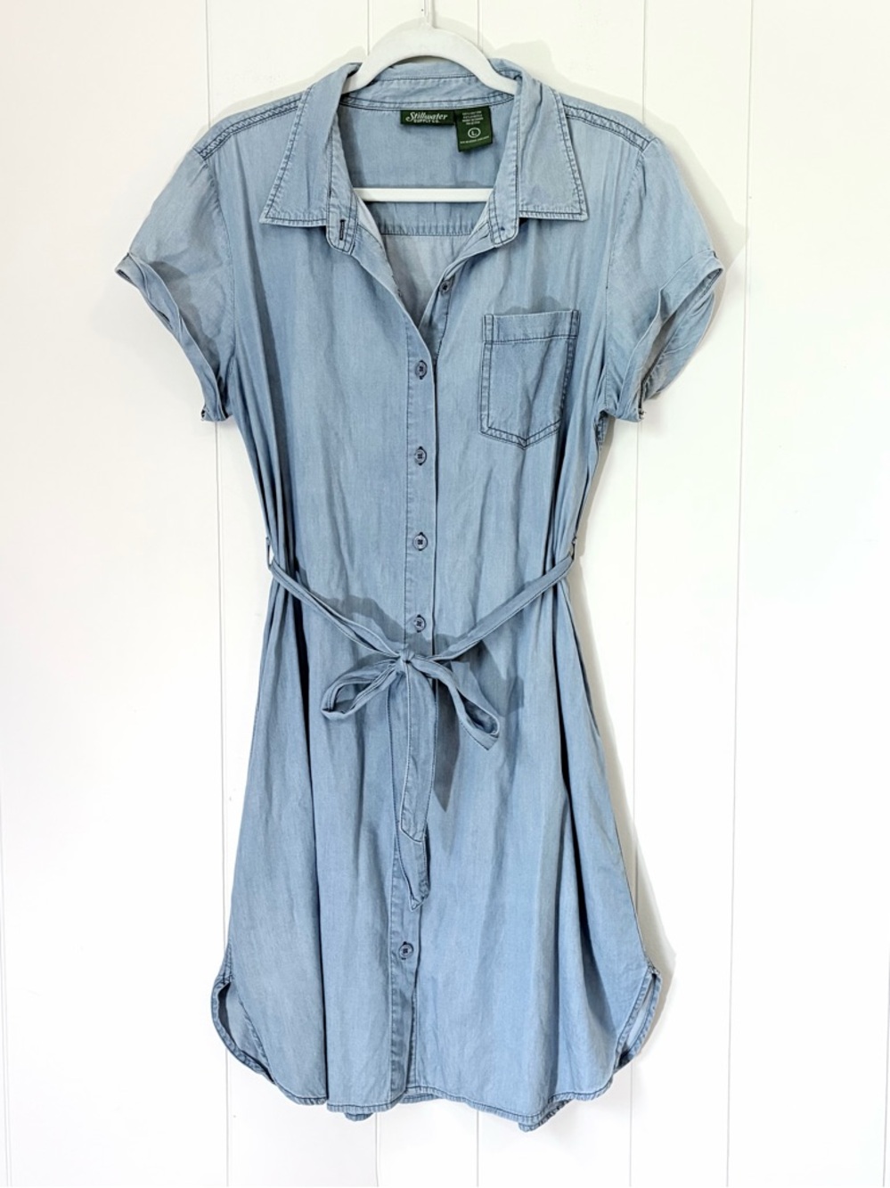 Stillwater Supply Co. Light Blue Denim Shirt Dress Tie Waist Tencel Large
